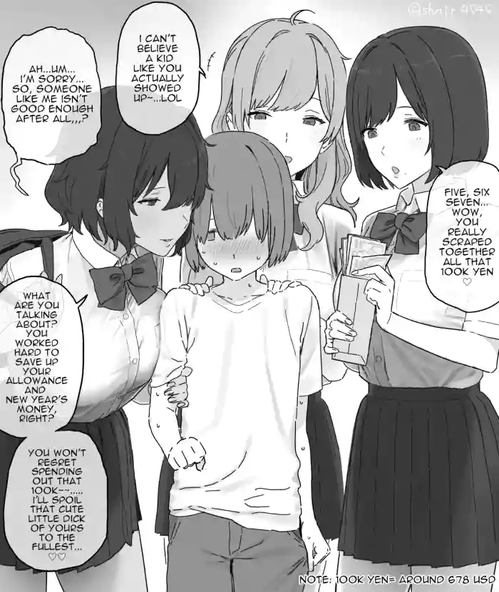 [Shinjiro] Isshoukenmei tameta okozukai juuman de enjo kousai o boshuu shitara gokuaku oneesan sannin ni me o tsukerarete shimai, tekitou ni shasei saserareta ageku sekkusu mo shite nai noni juuman zengaku fundakureru kawaisou na otoko no ko [English] cover